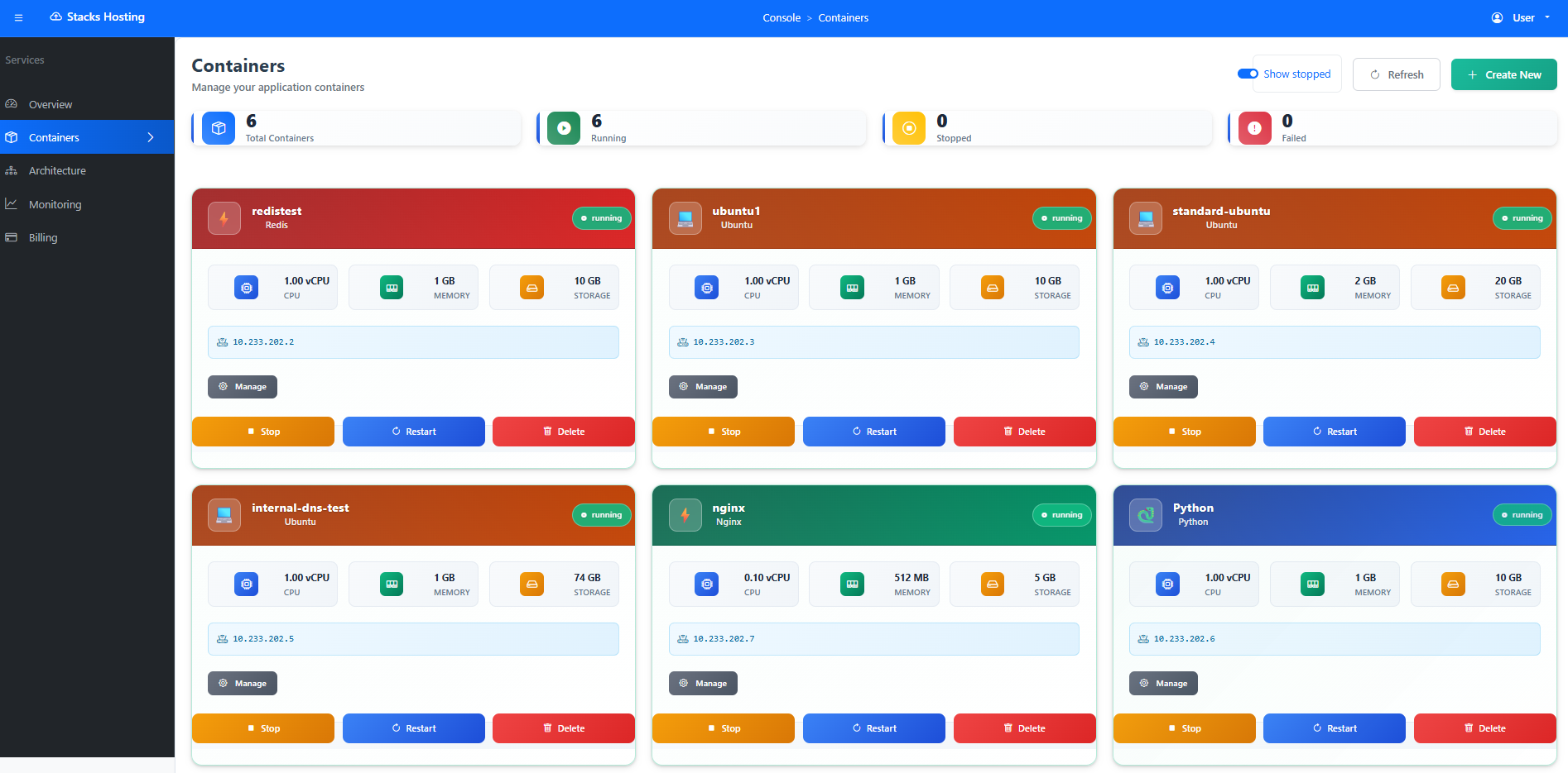 STACKS Dashboard showing running containers